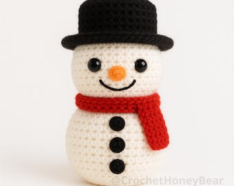 Padrão de crochê em PDF para boneco de neve amigurumi, tutorial fácil de pelúcia natalina, enfeite de inverno para iniciantes.