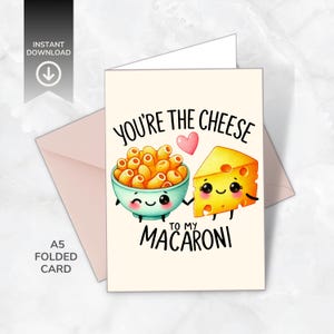 Tarjeta imprimible con macarrones con queso y temática de San Valentín y cumpleaños. Descarga digital divertida, linda y con juegos de palabras