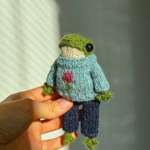 Gestricktes Spielzeug Frosch, Ivanka der Frosch, Handgemachter Taschenfreund, Amigurumi Frosch, Cottagecore Kinderzimmer Deko