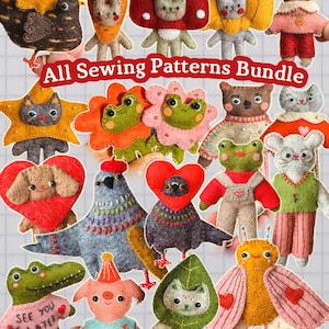 May include: A collection of felt animal ornaments featuring various characters like a frog, cat, rabbit, and pig, with the text All Sewing Patterns Bundle displayed in the centre. The figures include diverse shapes such as hearts, flowers, and leaves.