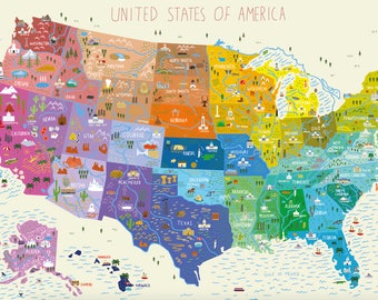 illustrated map of the usa 24x18 etsy united states map illustration