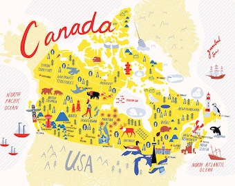 Illustrated Map of Canada Yellow | Canada Map Art | Canada Map Gift | Canada Illustration | Moving Gift | Canada Map for Kids