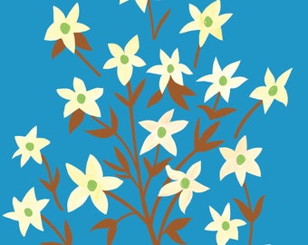 May include: A blue background with a white flower illustration. The flowers are arranged in a cluster and have brown stems. The text "BRITISH COLUMBIA Pacific Dogwood" is at the bottom of the image.