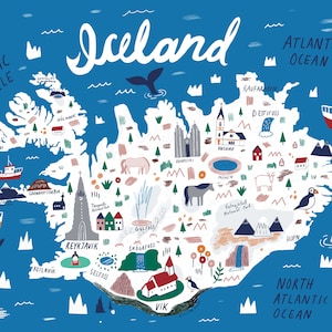 Iceland Illustrated Map / Iceland Print / Iceland illustration / Iceland Gift / Reykjavik map / Iceland Art / Iceland Map