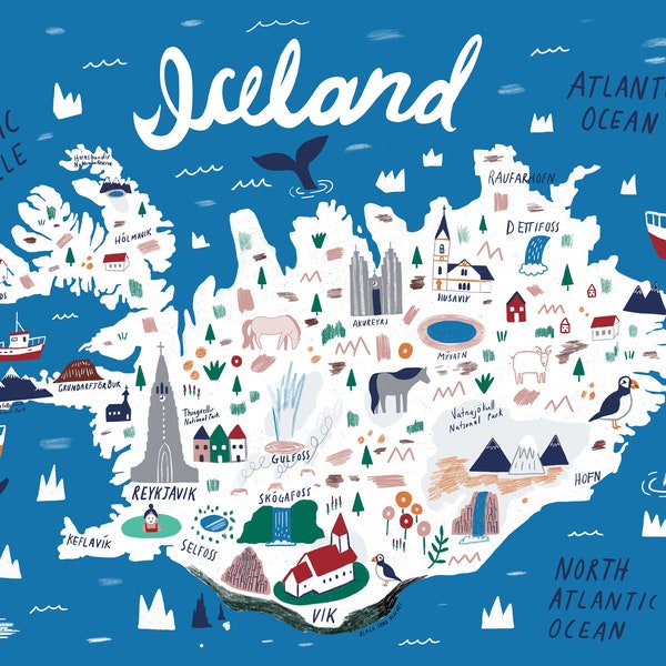 Iceland Illustrated Map | Iceland Print | Iceland illustration | Iceland Gift | Reykjavik map | Iceland Art | Iceland Map