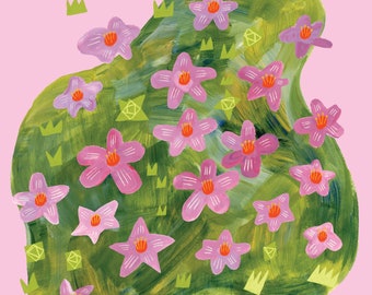 May include: A digital illustration of a pink flower with the text "Nunavut Purple Saxifrage" on a pink background.