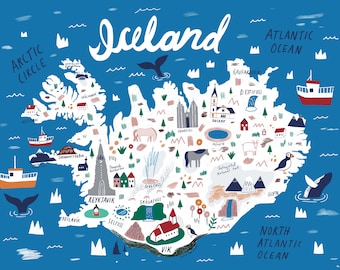 Iceland Illustrated Map | Iceland Print | Iceland illustration | Iceland Gift | Reykjavik map | Iceland Art | Iceland Map