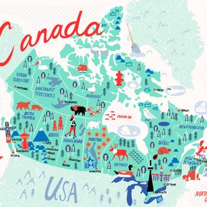 Illustrated Map of Canada Blue Canada Map Art Canada Map Gift Canada Illustration Moving Gift Canada Map for kids image 1