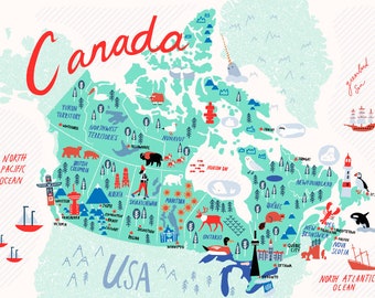 Illustrated Map of Canada Blue | Canada Map Art | Canada Map Gift | Canada Illustration | Moving Gift | Canada Map for kids