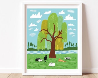 Cats resting under a Willow Tree