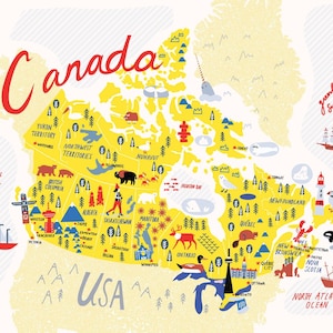 Carte illustrée du Canada Jaune | | d’art de la carte du Canada | cadeaux de la carte du Canada | d’illustration du Canada | de cadeaux de déménagement Carte du Canada pour les enfants