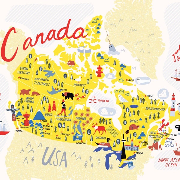 Illustrated Map of Canada Yellow | Canada Map Art | Canada Map Gift | Canada Illustration | Moving Gift | Canada Map for Kids