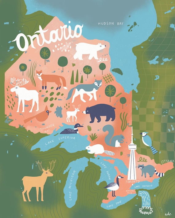 Ontario Illustrated Map Ontario Wall Art Canada Map Etsy