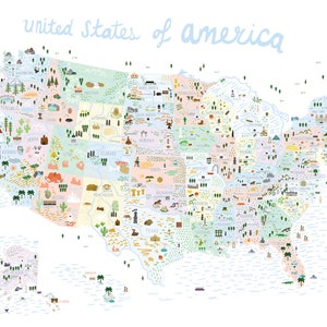 USA Illustrierte Karte Poster | Amerika Poster | USA Wandkunst | USA Geschenk | Schulkarte für Kinder | Usa Landkarte Kinderzimmer Druck