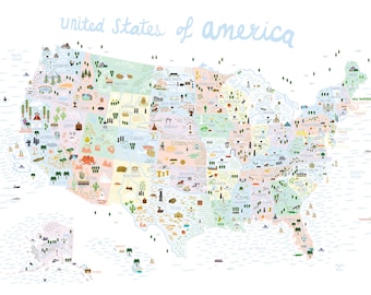 USA Illustrated Map Poster | America Poster | United States Wall Art | United States Gift | Educational Map for Kids | Usa map Nursery Print