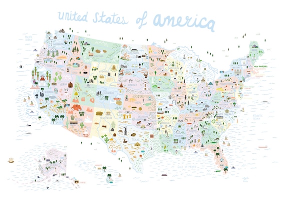 USA Illustrated Map Poster | America Poster | United States Wall Art | United States Gift | Educational Map for Kids | Usa map Nursery Print