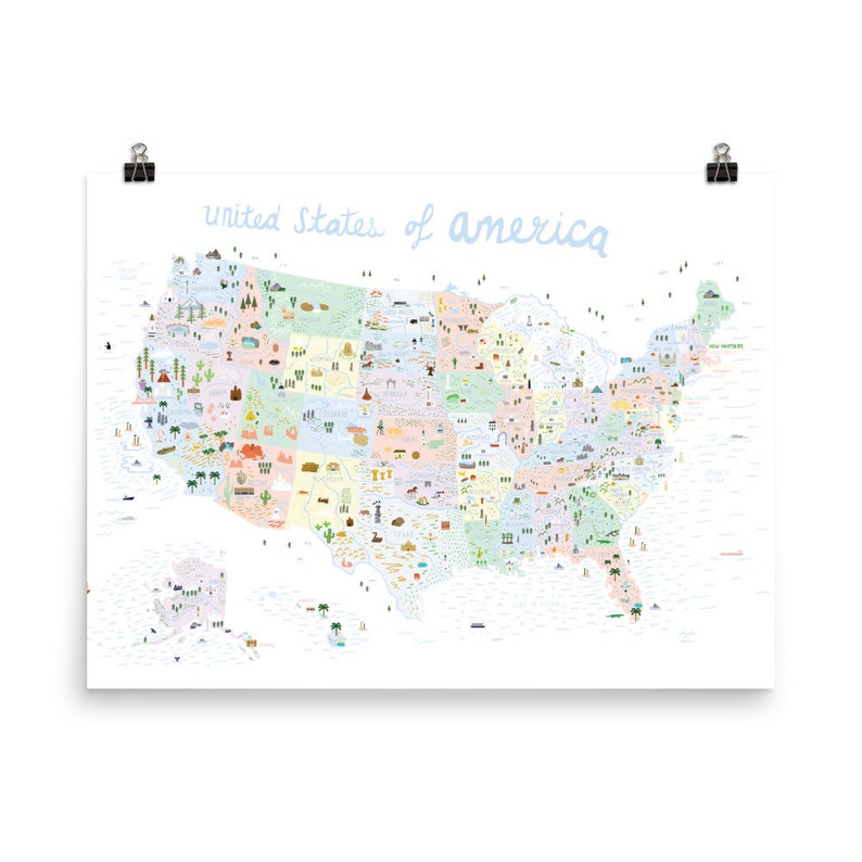 USA Illustrated Map Poster / America Poster / United States Wall Art / United States Gift / Educational Map for Kids / Usa map Nursery Print 18×24 inches