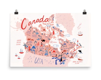 Illustrated Map of Canada Poster - Pink