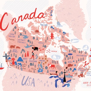 Illustrated Map of Canada Pink Canada Map Art Canada Map Gift Canada Illustration Moving Gift Canada Map for kids image 1