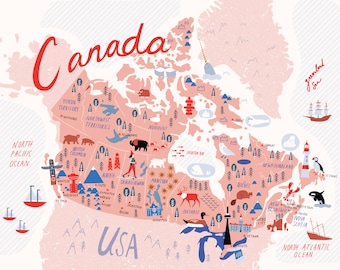 Illustrated Map of Canada Pink | Canada Map Art | Canada Map Gift | Canada Illustration | Moving Gift | Canada Map for kids