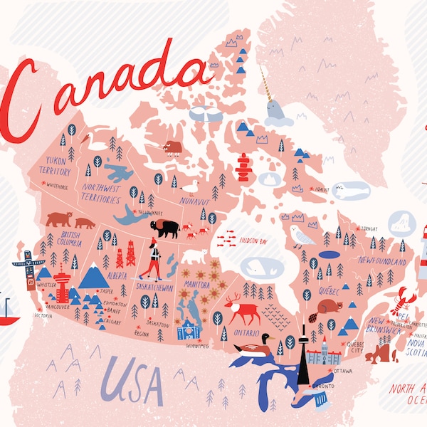 Illustrated Map of Canada Pink | Canada Map Art | Canada Map Gift | Canada Illustration | Moving Gift | Canada Map for kids