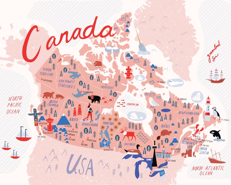 Illustrated Map of Canada Pink Canada Map Art Canada Map Gift Canada Illustration Moving Gift Canada Map for kids image 1