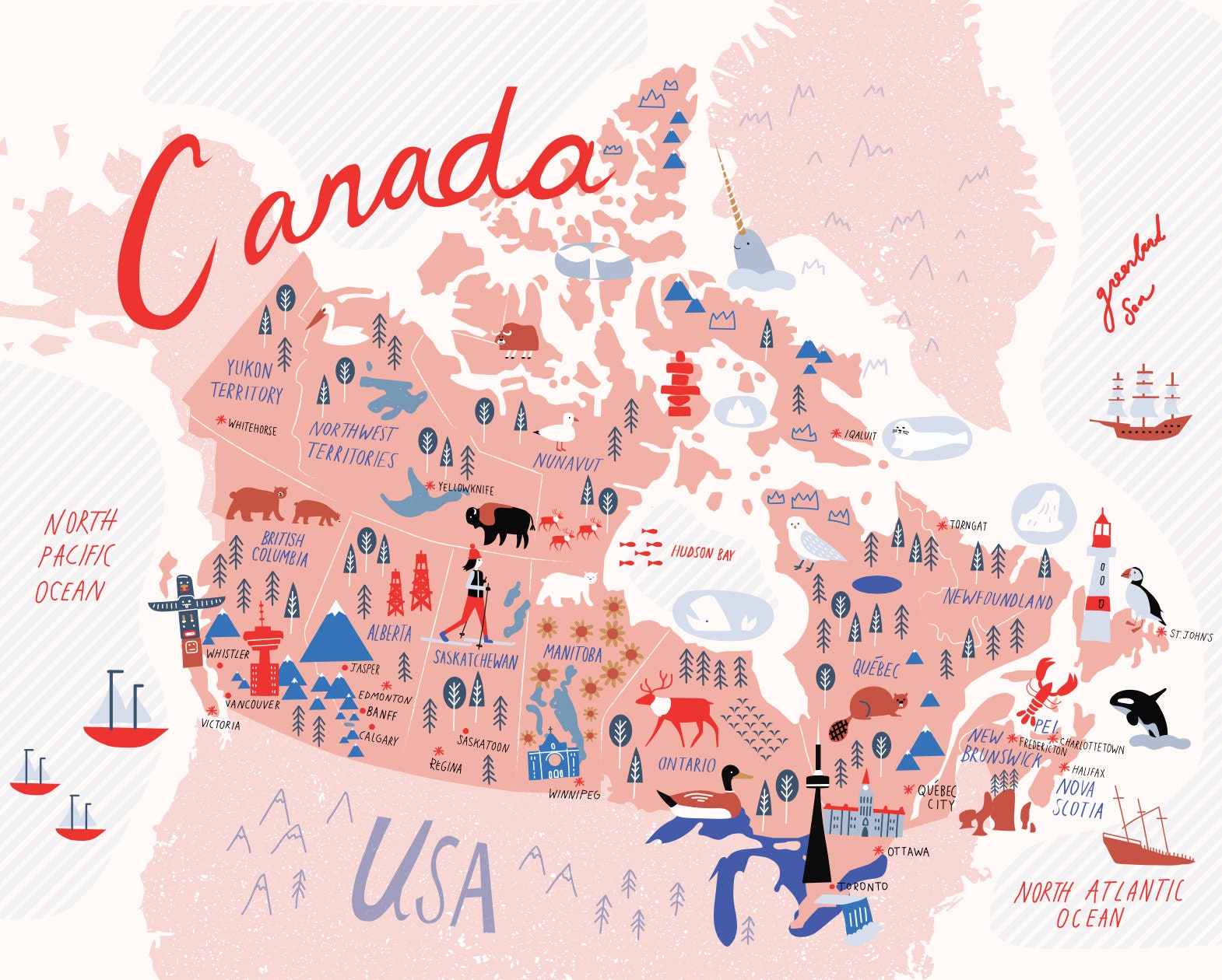 Illustrated Map Of Canada Pink Canada Map Art Canada Map - Etsy