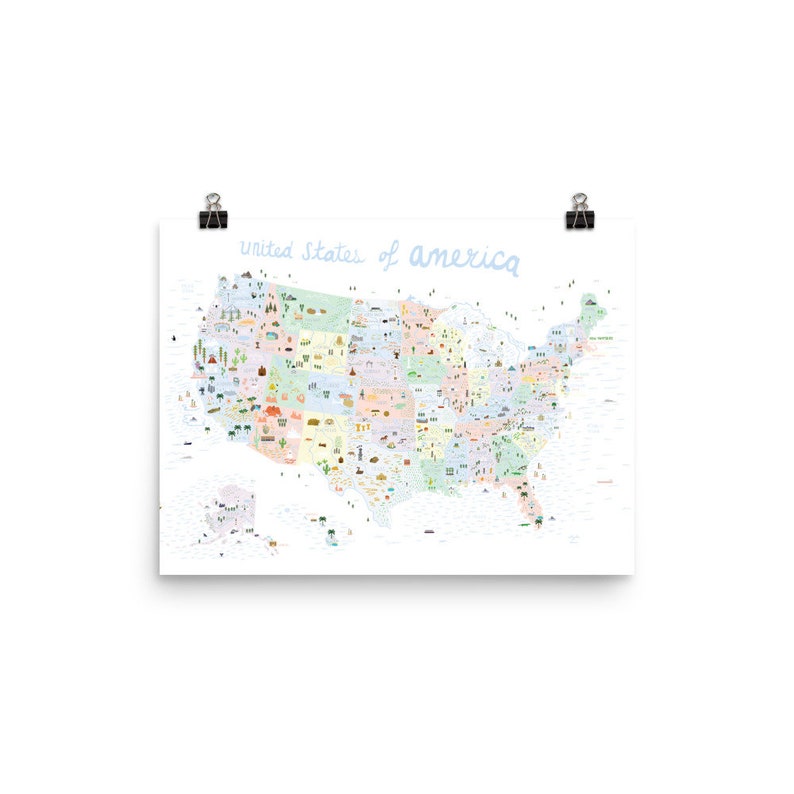 USA Illustrated Map Poster / America Poster / United States Wall Art / United States Gift / Educational Map for Kids / Usa map Nursery Print 12×16 inches