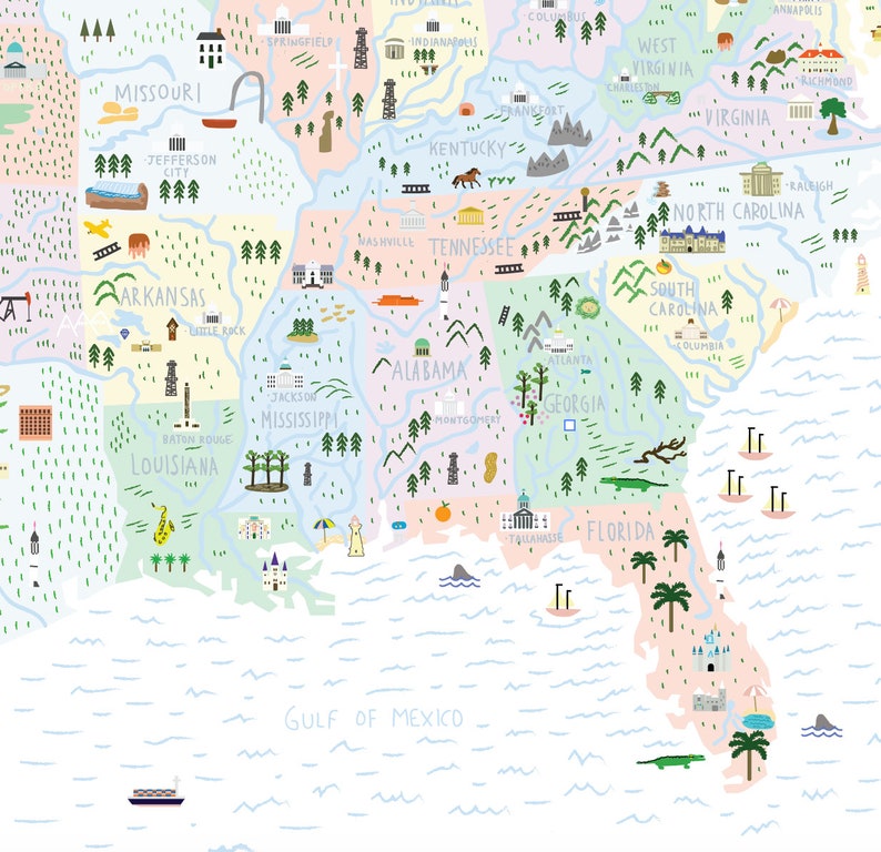 USA Illustrated Map Poster / America Poster / United States Wall Art / United States Gift / Educational Map for Kids / Usa map Nursery Print immagine 2