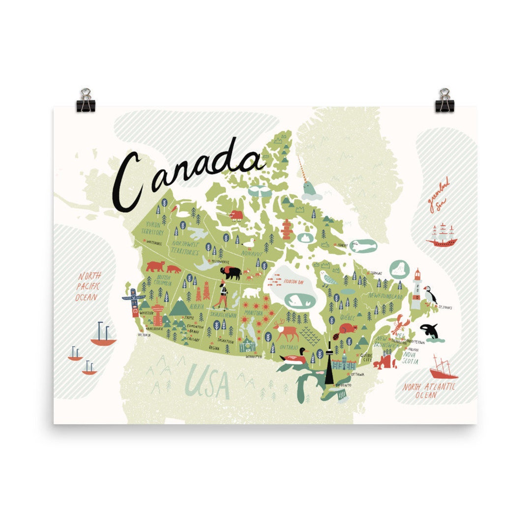 Canada Illustated Map Poster Green - Etsy