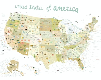 America Illustrated Map Poster - Earth tones