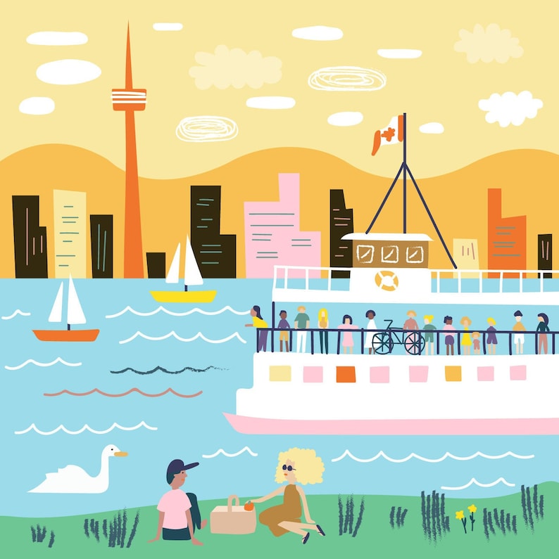 Toronto Island Ferry CN Tower Illustration Print image 1