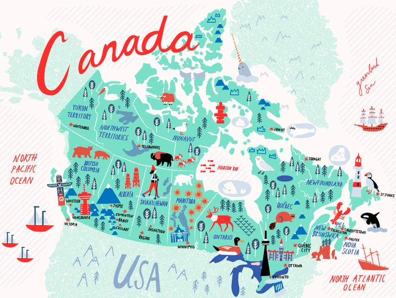 Illustrated Map of Canada Blue Canada Map Art Canada Map Gift Canada Illustration Moving Gift Canada Map for kids image 1