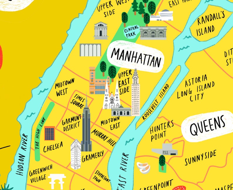 Illustrated Map of NYC New York City 8x10 image 2