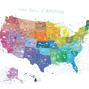 USA Karte Print | Illustrierte Landkarte | USA Deko | USA Karte für Kinder | Lehrkarte | USA Karte Wandkunst | Umzugsgeschenk