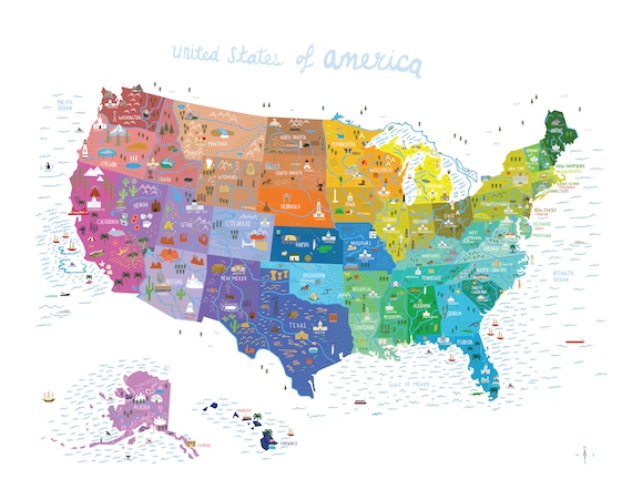 USA Map Print Illustrated Map Colourful 8x10 | Etsy