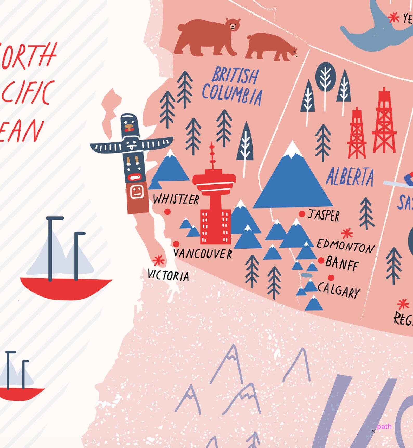 Illustrated Map of Canada Poster Pink - Etsy Canada