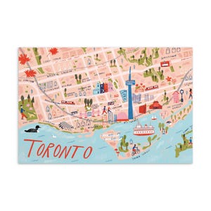 May include: A vibrant illustrated map of Toronto, showcasing key landmarks such as the CN Tower and the Toronto Islands. The map uses pink, blue, and green hues, with 'Toronto' in large red letters. Includes illustrations of people, trees, and buildings.