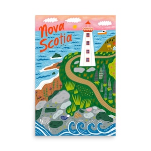 Nova Scotia Art Print - East Coast Canada Illustration Poster - Lighthouse Atlantic Ocean Landscape