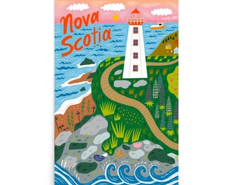 May include: A colorful art print featuring a lighthouse on a coastal landscape. The print includes the text "Nova Scotia" in a playful font, a winding path, and a small boat on the water. The artwork is vibrant and detailed, with a sunny sky and lush greenery.
