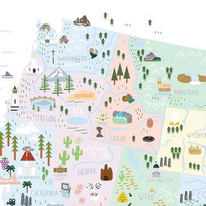 Pu&ograve; includere: Una mappa illustrata colorata degli Stati Uniti occidentali, con monumenti iconici e simboli per ogni stato. La mappa include stati come California, Oregon, Washington, Idaho, Nevada, Utah, Montana, Wyoming e Colorado. La mappa &egrave; disegnata in uno stile fantasioso con colori vivaci e forme semplici.