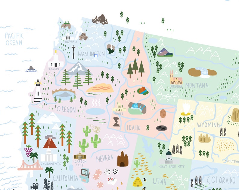 Pu&ograve; includere: Una mappa illustrata colorata degli Stati Uniti occidentali, con monumenti iconici e simboli per ogni stato. La mappa include stati come California, Oregon, Washington, Idaho, Nevada, Utah, Montana, Wyoming e Colorado. La mappa &egrave; disegnata in uno stile fantasioso con colori vivaci e forme semplici.