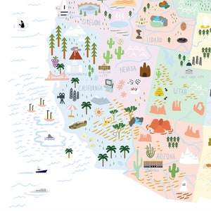 Pu&ograve; includere: Una mappa illustrata colorata degli Stati Uniti occidentali, con punti di riferimento e icone per ogni stato. La mappa include stati come California, Oregon, Nevada, Idaho, Utah, Arizona e Wyoming. La mappa &egrave; disegnata in uno stile fantasioso con colori vivaci e forme semplici.