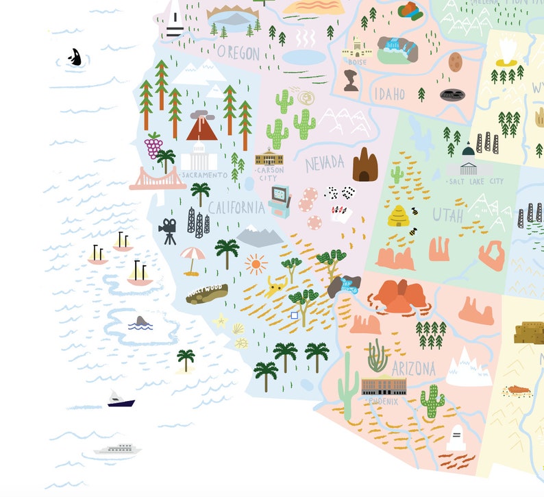 Pu&ograve; includere: Una mappa illustrata colorata degli Stati Uniti occidentali, con punti di riferimento e icone per ogni stato. La mappa include stati come California, Oregon, Nevada, Idaho, Utah, Arizona e Wyoming. La mappa &egrave; disegnata in uno stile fantasioso con colori vivaci e forme semplici.