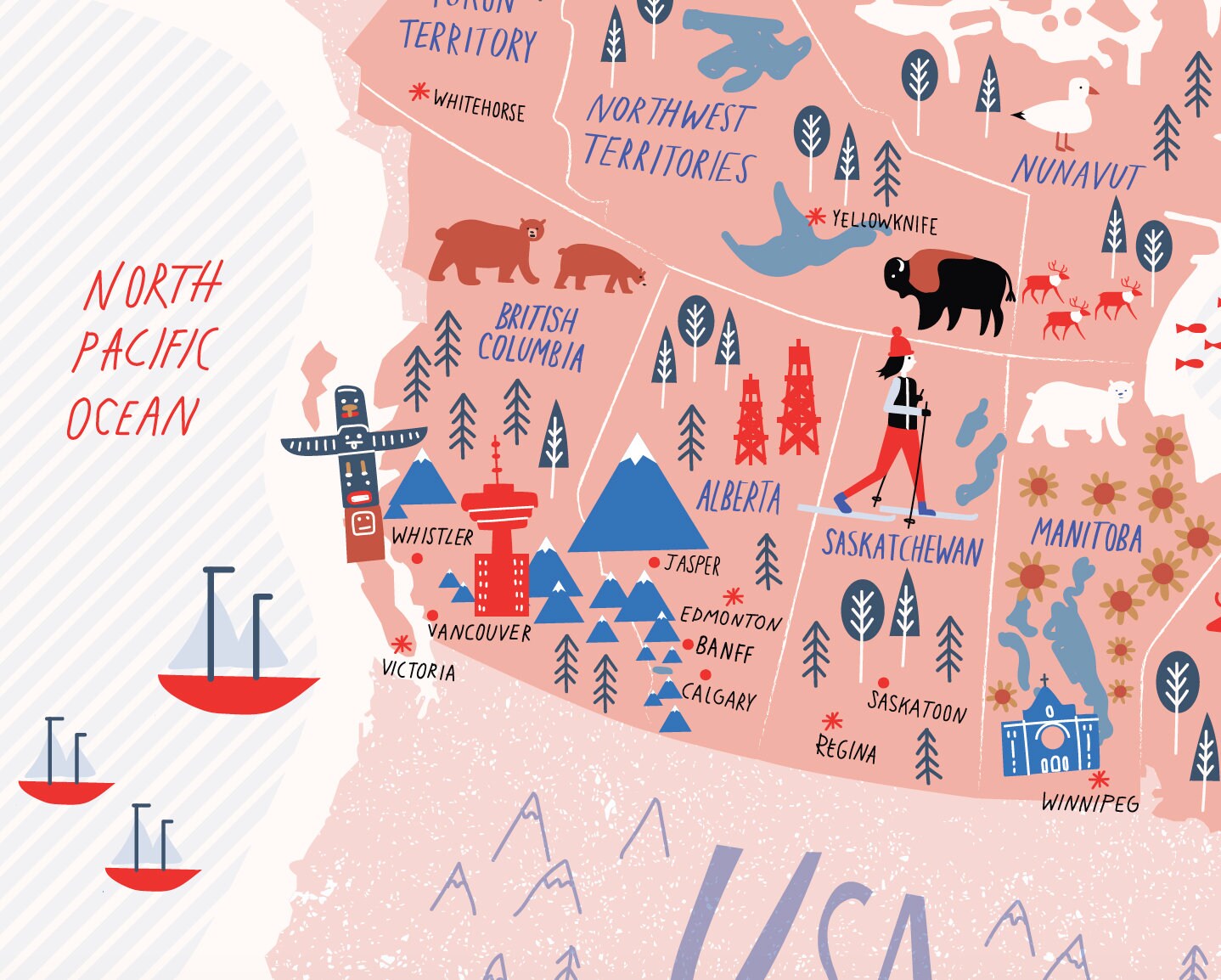 Illustrated Map of Canada Pink Canada Map Art Canada Map Etsy Canada