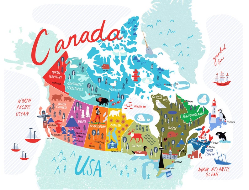 May include: A colorful illustrated map of Canada with each province and territory labeled. The map includes various icons representing each region, such as a polar bear, a moose, and a lighthouse.