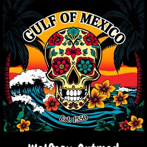 Gulf of Mexico  png,  skull with flowers  png, High Quality PNG ,Gulf of Mexico shirt ,Digital Download PNG, Gulf of Mexico Black Shirt png