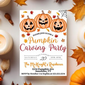 Pumpkin Carving Party Invitation Editable Template, Kid Halloween Printable, Jack O'Lantern Birthday Invite, Fall Autumn Instant Download