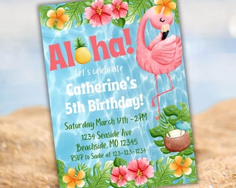Tropical Birthday Invitation Editable Template, Hawaiian Theme Kid Birthday Invite, Pineapple Flamingo Summer Party Instant Download