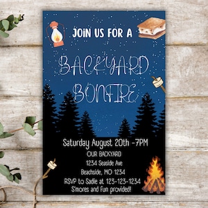 Backyard Bonfire Invitation Editable Template, Campfire Party Invite, Camping S'mores Birthday Printable, Backyard BBQ, Instant Download